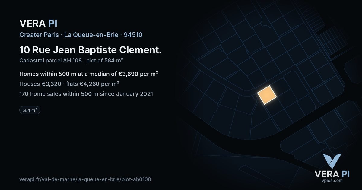 10 Rue Jean Baptiste Clement, La Queue-en-Brie at night – the plot lit, the parcels around coloured by the prices near them