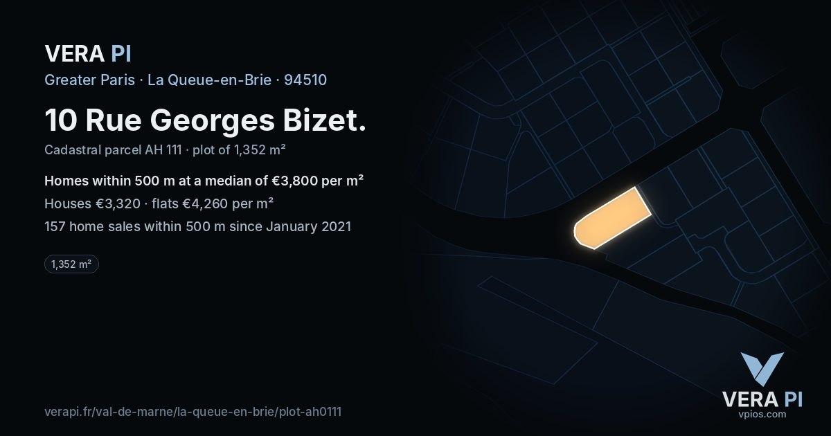 10 Rue Georges Bizet, La Queue-en-Brie at night – the plot lit, the parcels around coloured by the prices near them