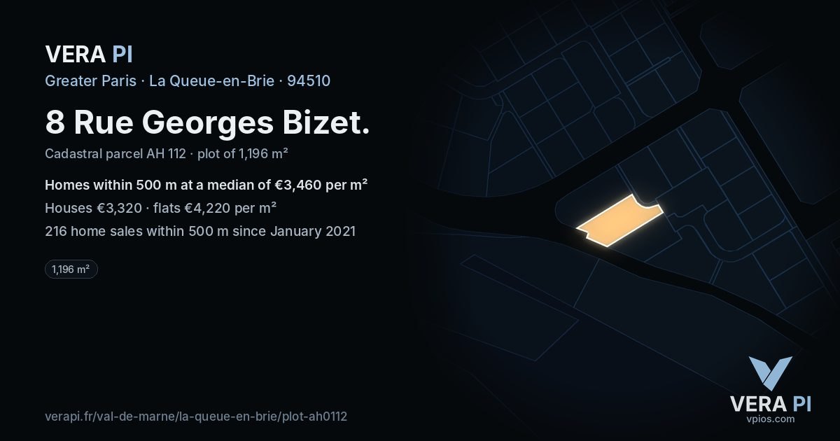 8 Rue Georges Bizet, La Queue-en-Brie at night – the plot lit, the parcels around coloured by the prices near them