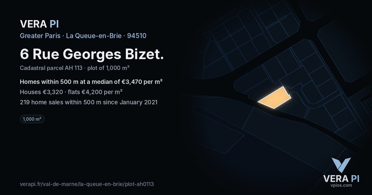 6 Rue Georges Bizet, La Queue-en-Brie at night – the plot lit, the parcels around coloured by the prices near them