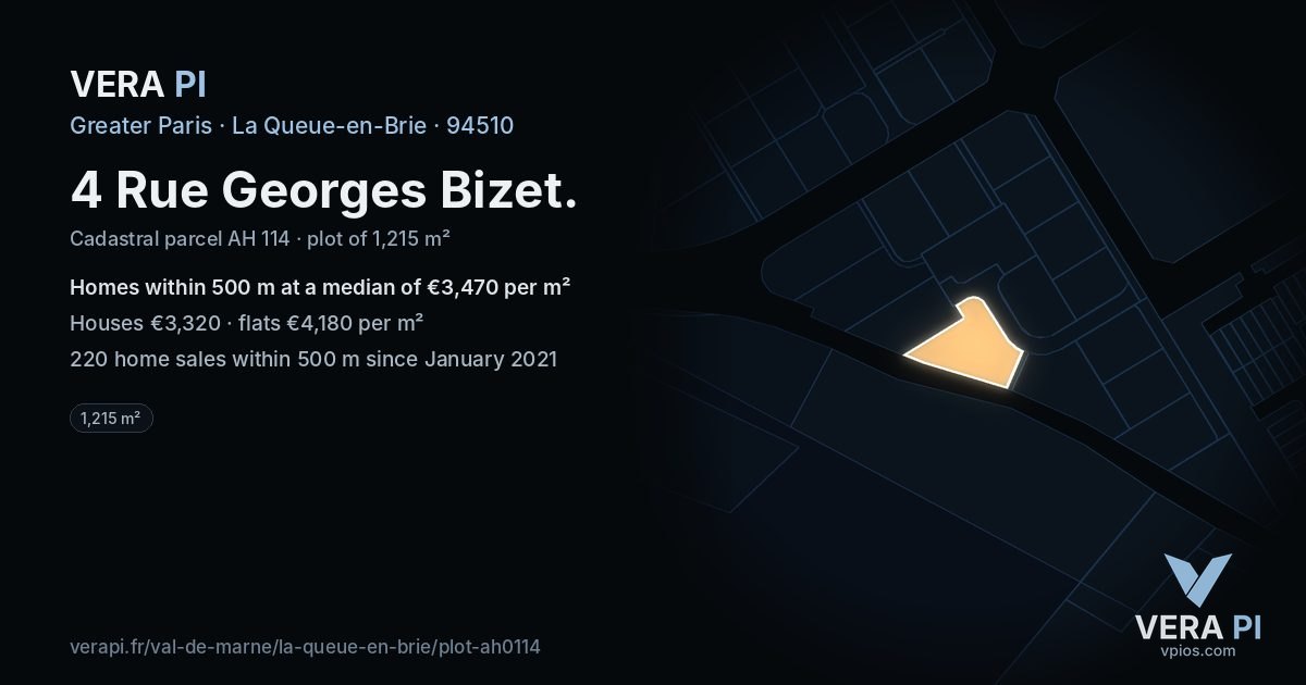 4 Rue Georges Bizet, La Queue-en-Brie at night – the plot lit, the parcels around coloured by the prices near them