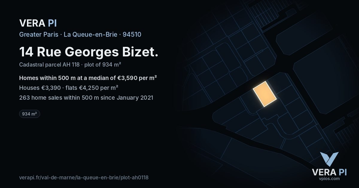 14 Rue Georges Bizet, La Queue-en-Brie at night – the plot lit, the parcels around coloured by the prices near them