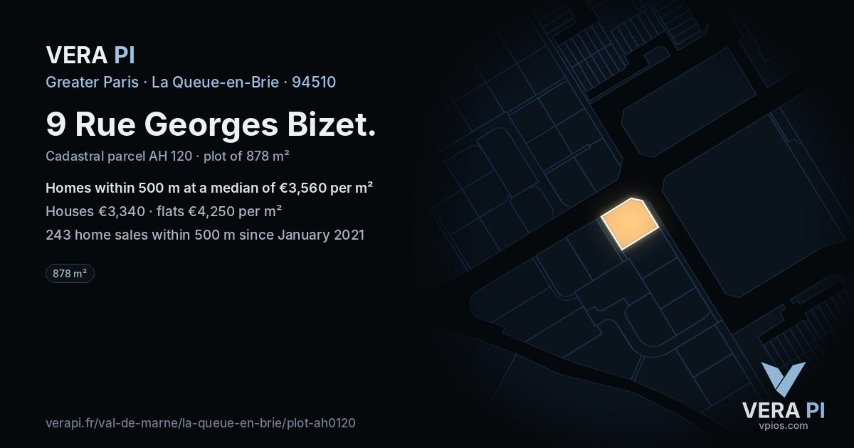 9 Rue Georges Bizet, La Queue-en-Brie at night – the plot lit, the parcels around coloured by the prices near them