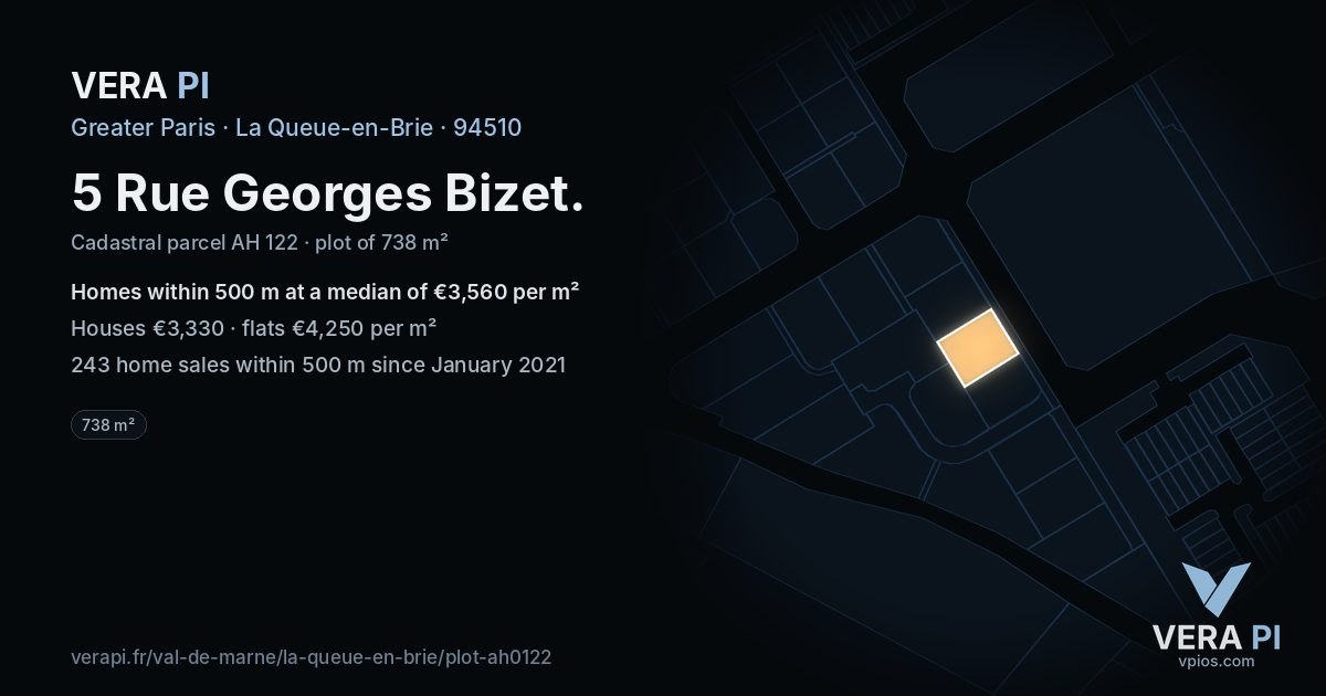5 Rue Georges Bizet, La Queue-en-Brie at night – the plot lit, the parcels around coloured by the prices near them