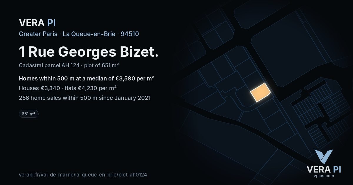 1 Rue Georges Bizet, La Queue-en-Brie at night – the plot lit, the parcels around coloured by the prices near them