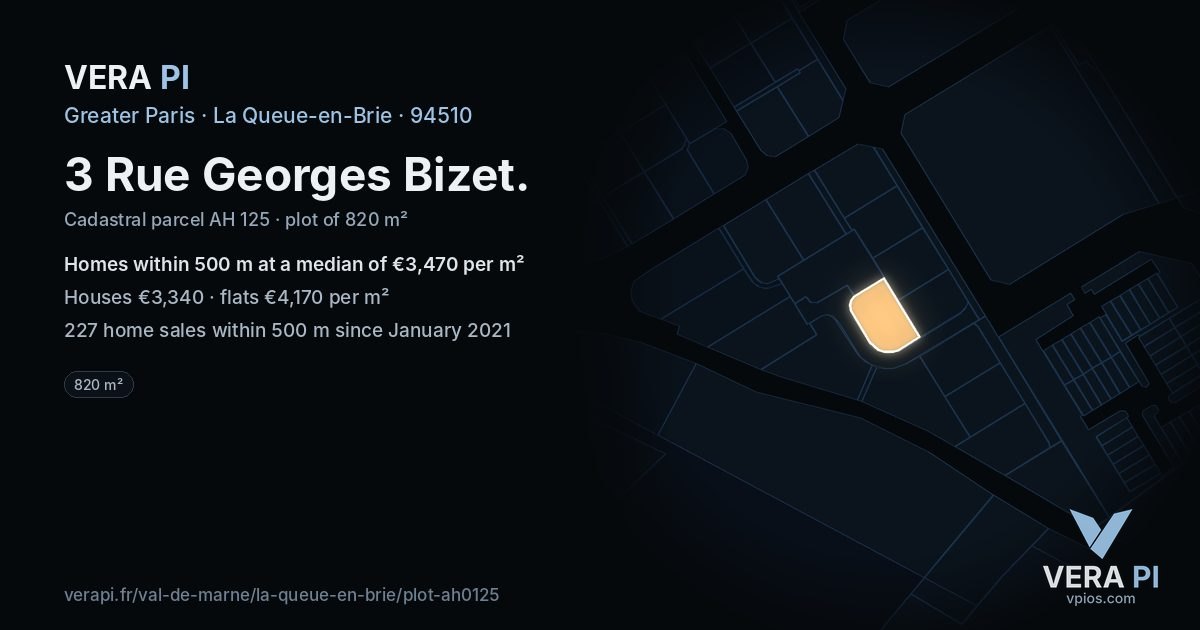 3 Rue Georges Bizet, La Queue-en-Brie at night – the plot lit, the parcels around coloured by the prices near them