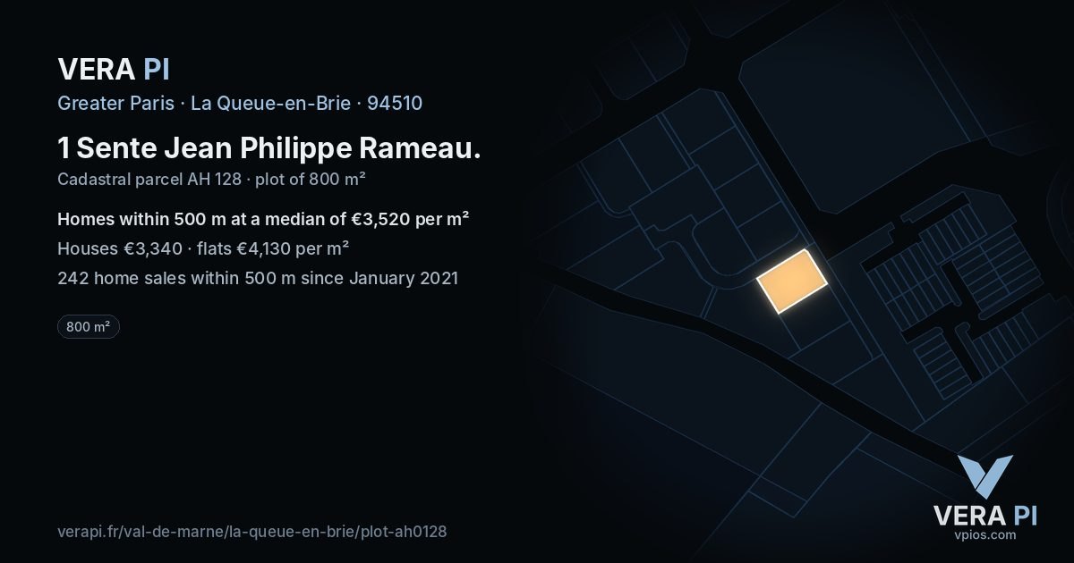 1 Sente Jean Philippe Rameau, La Queue-en-Brie at night – the plot lit, the parcels around coloured by the prices near them