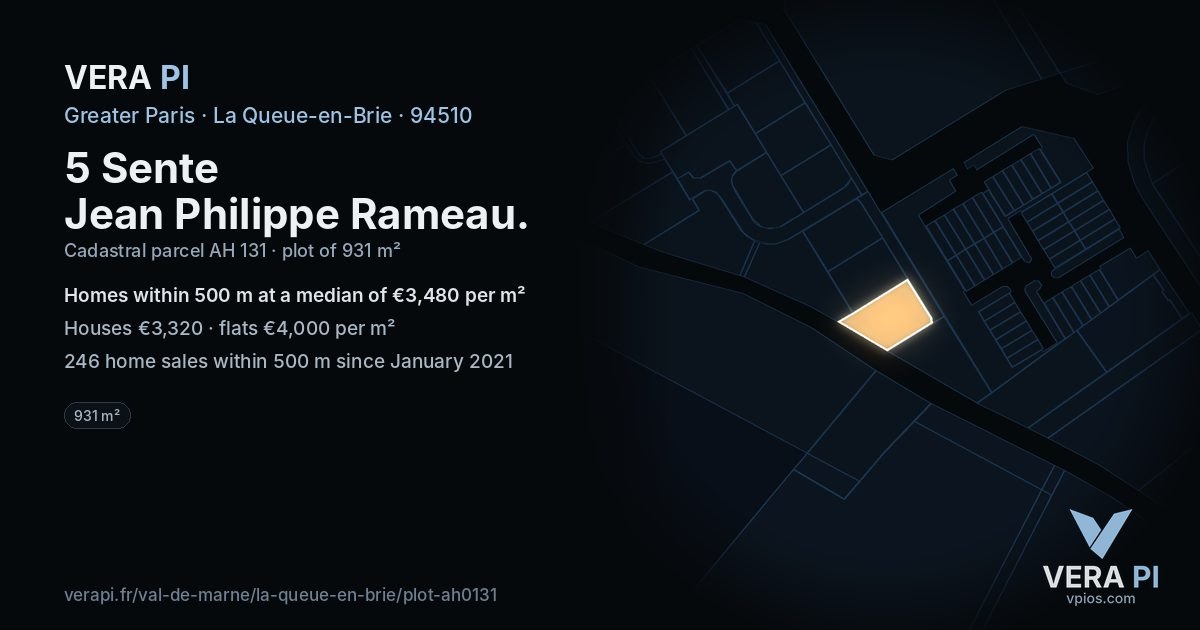 5 Sente Jean Philippe Rameau, La Queue-en-Brie at night – the plot lit, the parcels around coloured by the prices near them