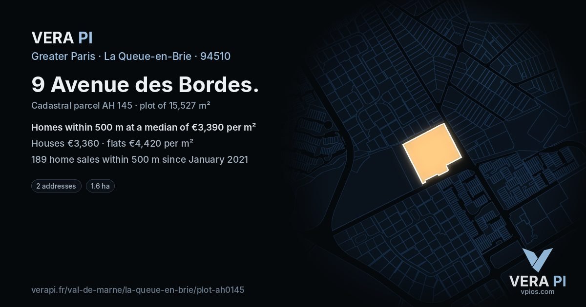 9 Avenue des Bordes, La Queue-en-Brie at night – the plot lit, the parcels around coloured by the prices near them