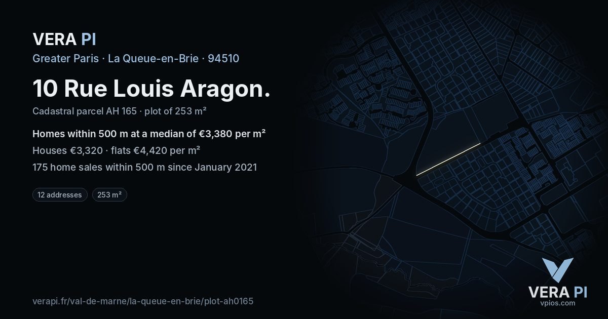 10 Rue Louis Aragon, La Queue-en-Brie at night – the plot lit, the parcels around coloured by the prices near them