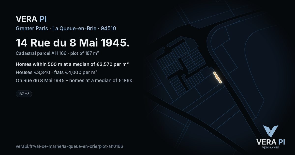 14 Rue du 8 Mai 1945, La Queue-en-Brie at night – the plot lit, the parcels around coloured by the prices near them