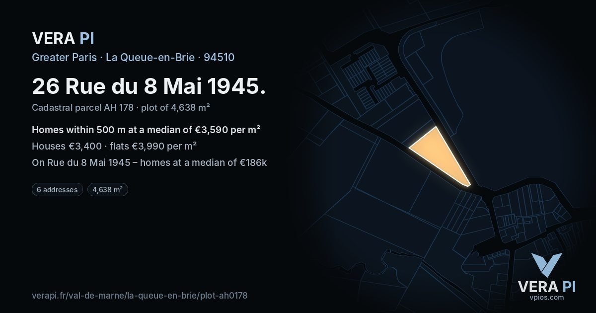 26 Rue du 8 Mai 1945, La Queue-en-Brie at night – the plot lit, the parcels around coloured by the prices near them