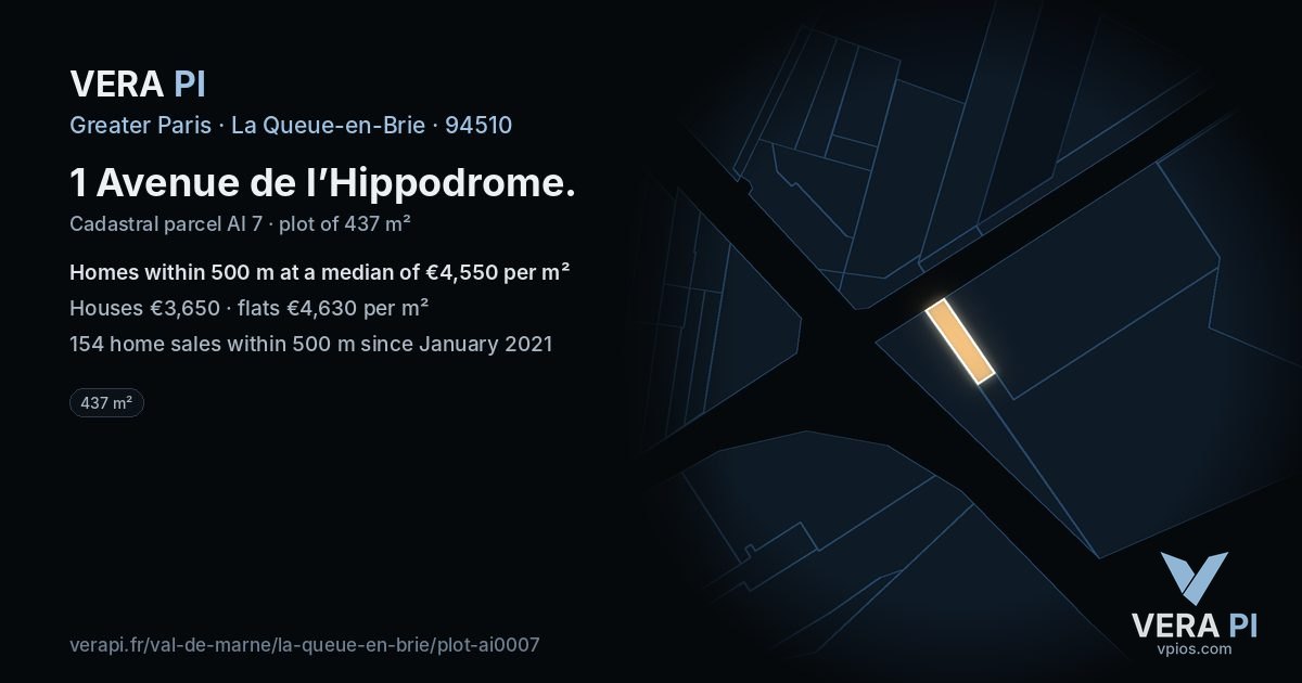 1 Avenue de l’Hippodrome, La Queue-en-Brie at night – the plot lit, the parcels around coloured by the prices near them