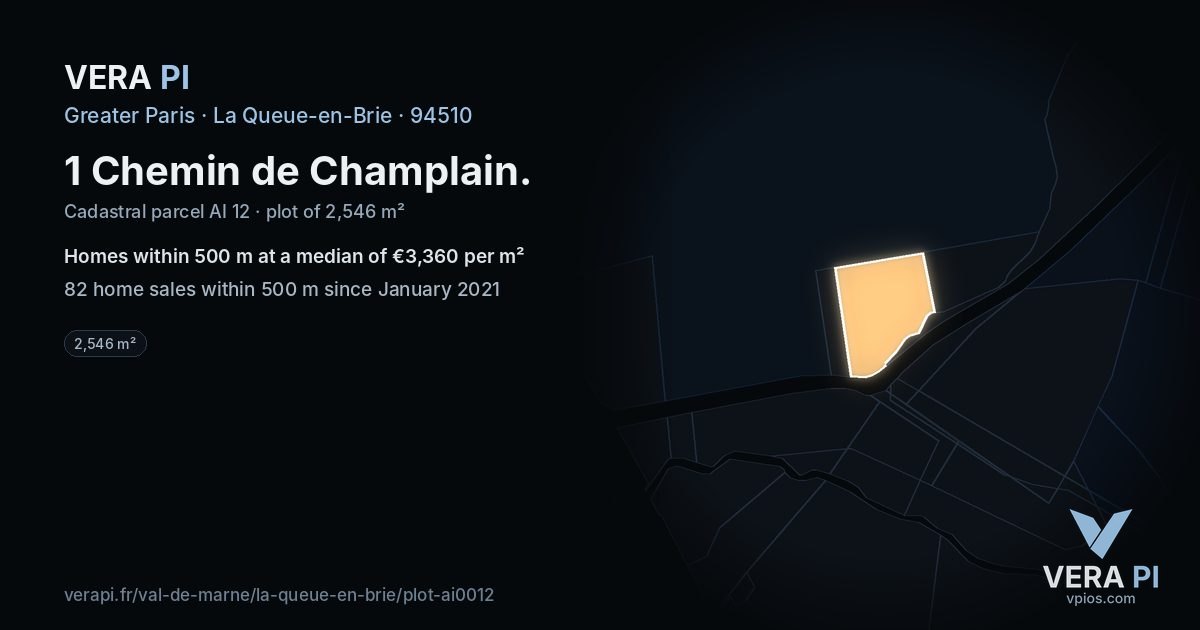 1 Chemin de Champlain, La Queue-en-Brie at night – the plot lit, the parcels around coloured by the prices near them