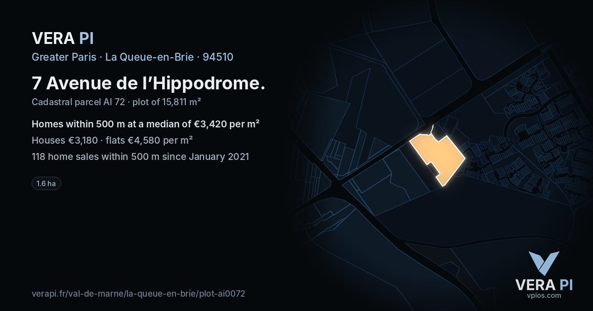 7 Avenue de l’Hippodrome, La Queue-en-Brie at night – the plot lit, the parcels around coloured by the prices near them