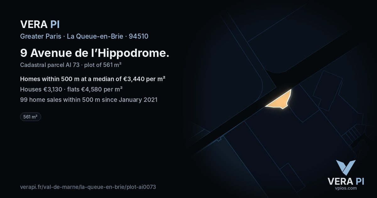 9 Avenue de l’Hippodrome, La Queue-en-Brie at night – the plot lit, the parcels around coloured by the prices near them