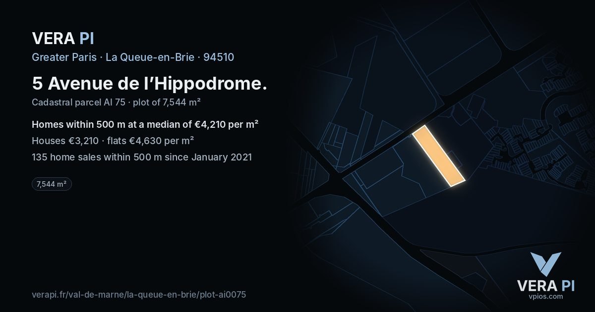 5 Avenue de l’Hippodrome, La Queue-en-Brie at night – the plot lit, the parcels around coloured by the prices near them