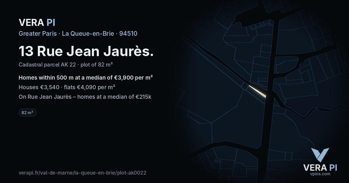 13 Rue Jean Jaurès, La Queue-en-Brie at night – the plot lit, the parcels around coloured by the prices near them