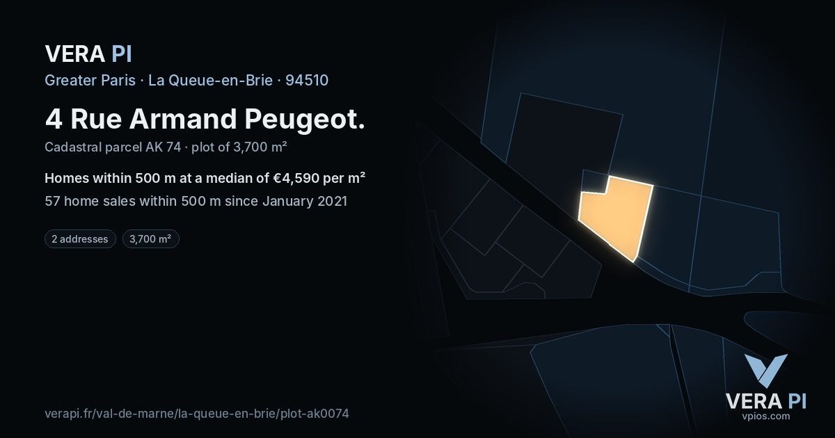 4 Rue Armand Peugeot, La Queue-en-Brie at night – the plot lit, the parcels around coloured by the prices near them