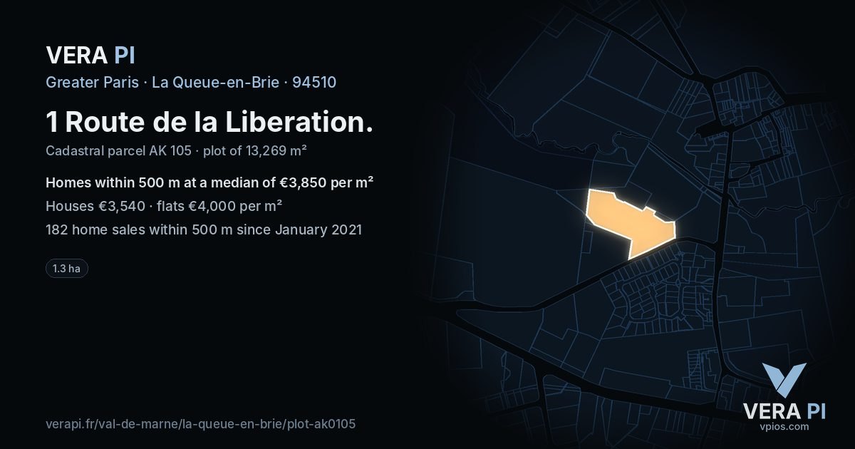 1 Route de la Liberation, La Queue-en-Brie at night – the plot lit, the parcels around coloured by the prices near them