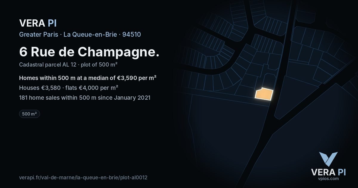 6 Rue de Champagne, La Queue-en-Brie at night – the plot lit, the parcels around coloured by the prices near them