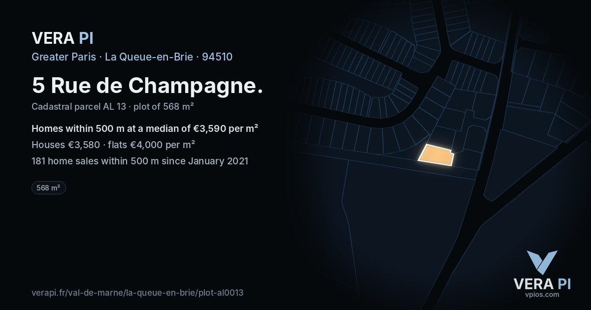 5 Rue de Champagne, La Queue-en-Brie at night – the plot lit, the parcels around coloured by the prices near them