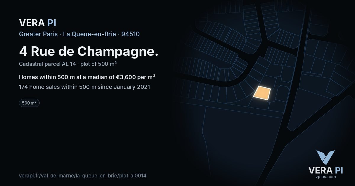 4 Rue de Champagne, La Queue-en-Brie at night – the plot lit, the parcels around coloured by the prices near them