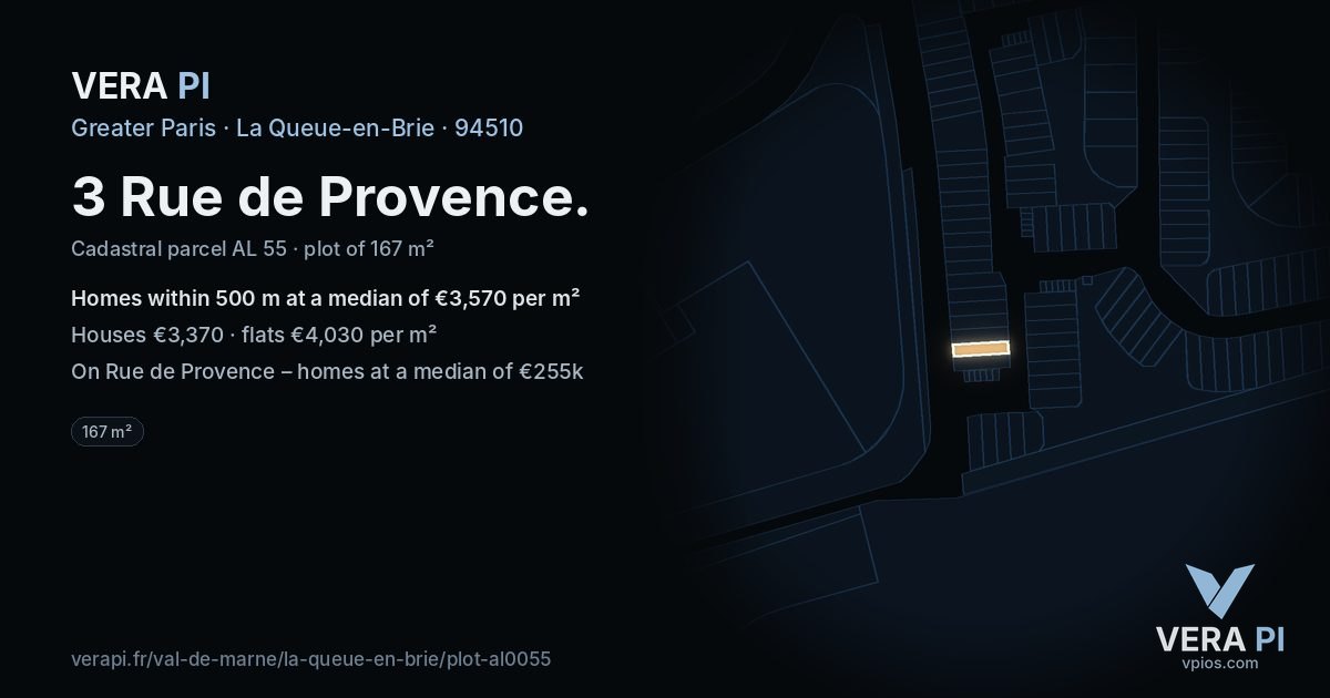 3 Rue de Provence, La Queue-en-Brie at night – the plot lit, the parcels around coloured by the prices near them