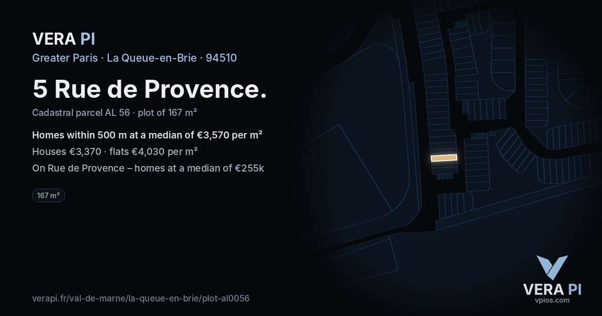 5 Rue de Provence, La Queue-en-Brie at night – the plot lit, the parcels around coloured by the prices near them