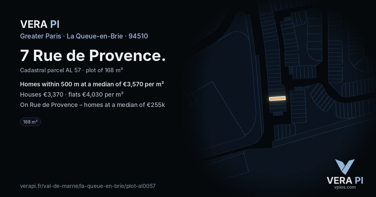 7 Rue de Provence, La Queue-en-Brie at night – the plot lit, the parcels around coloured by the prices near them