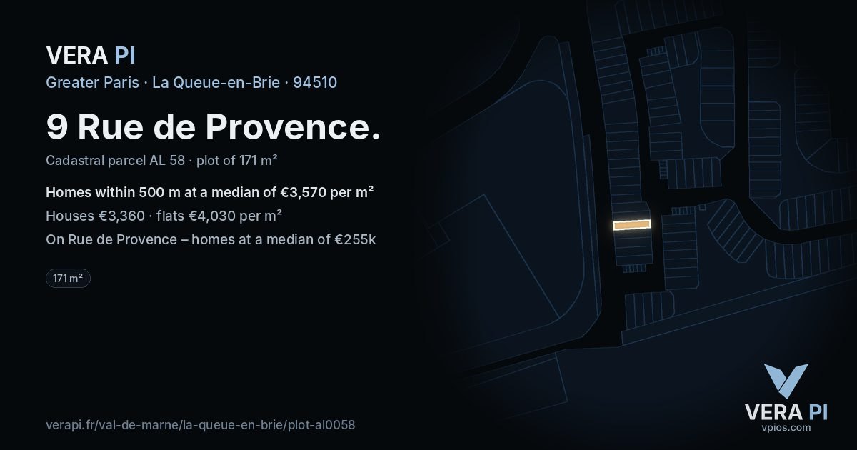 9 Rue de Provence, La Queue-en-Brie at night – the plot lit, the parcels around coloured by the prices near them