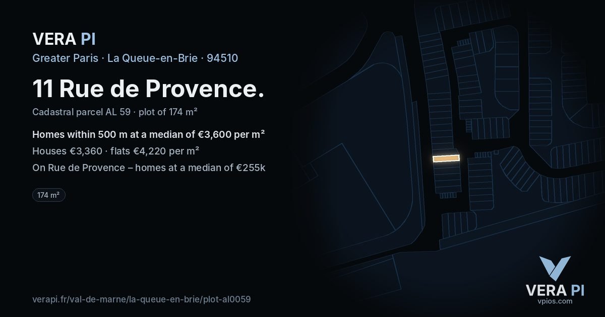11 Rue de Provence, La Queue-en-Brie at night – the plot lit, the parcels around coloured by the prices near them