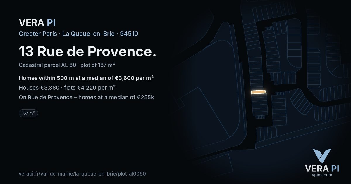 13 Rue de Provence, La Queue-en-Brie at night – the plot lit, the parcels around coloured by the prices near them
