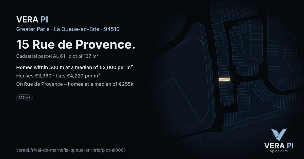 15 Rue de Provence, La Queue-en-Brie at night – the plot lit, the parcels around coloured by the prices near them