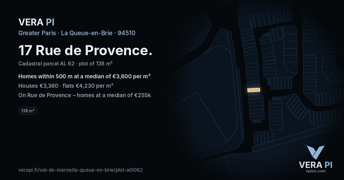 17 Rue de Provence, La Queue-en-Brie at night – the plot lit, the parcels around coloured by the prices near them