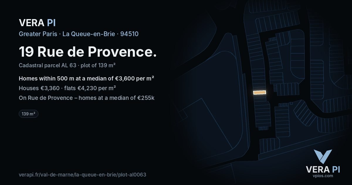 19 Rue de Provence, La Queue-en-Brie at night – the plot lit, the parcels around coloured by the prices near them