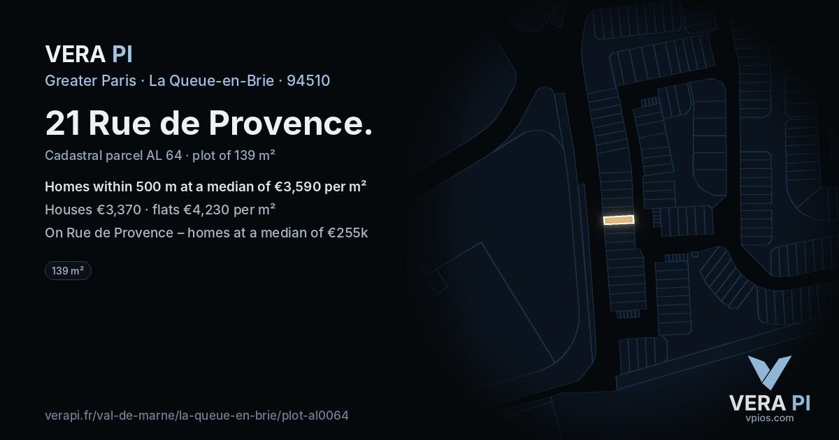 21 Rue de Provence, La Queue-en-Brie at night – the plot lit, the parcels around coloured by the prices near them