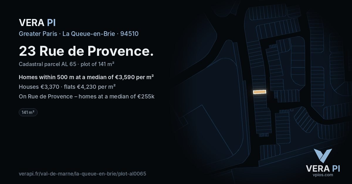23 Rue de Provence, La Queue-en-Brie at night – the plot lit, the parcels around coloured by the prices near them