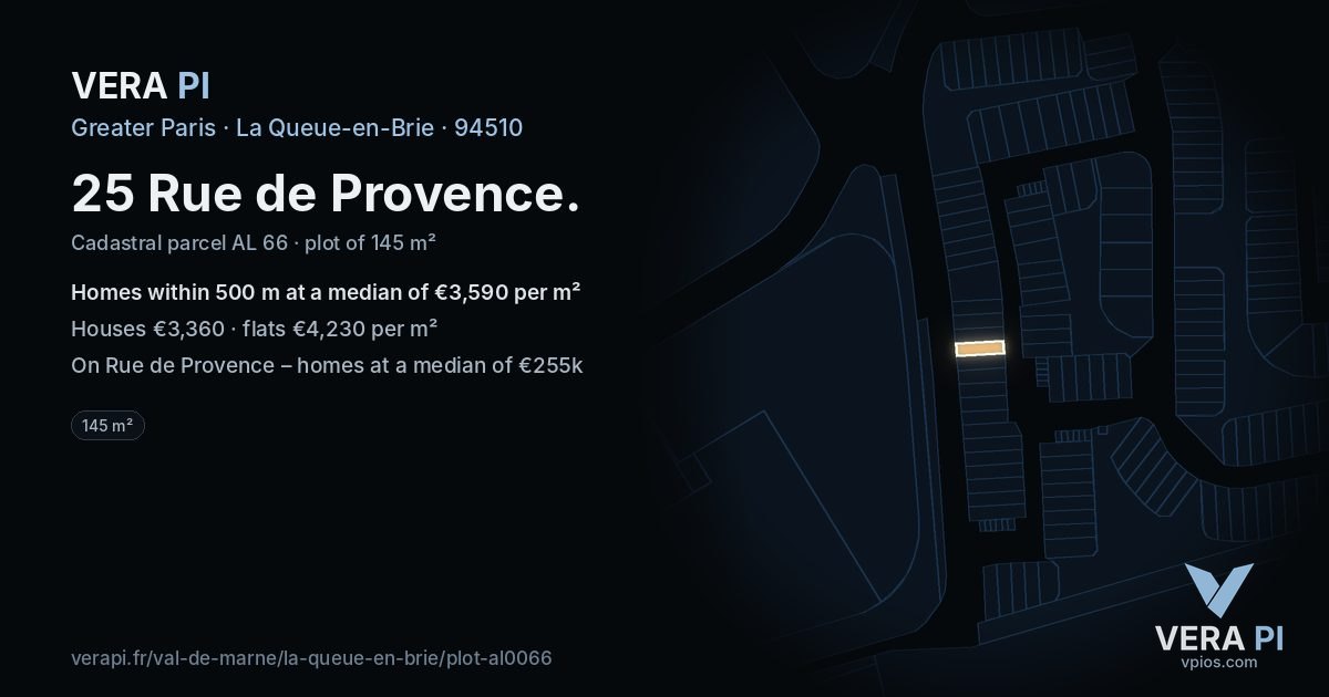 25 Rue de Provence, La Queue-en-Brie at night – the plot lit, the parcels around coloured by the prices near them