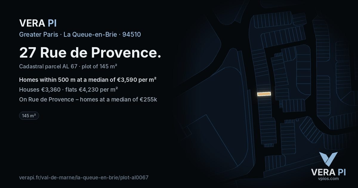 27 Rue de Provence, La Queue-en-Brie at night – the plot lit, the parcels around coloured by the prices near them