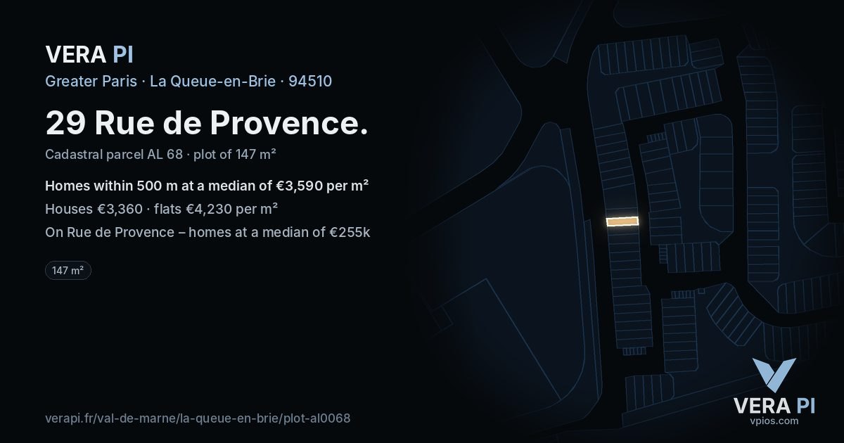 29 Rue de Provence, La Queue-en-Brie at night – the plot lit, the parcels around coloured by the prices near them