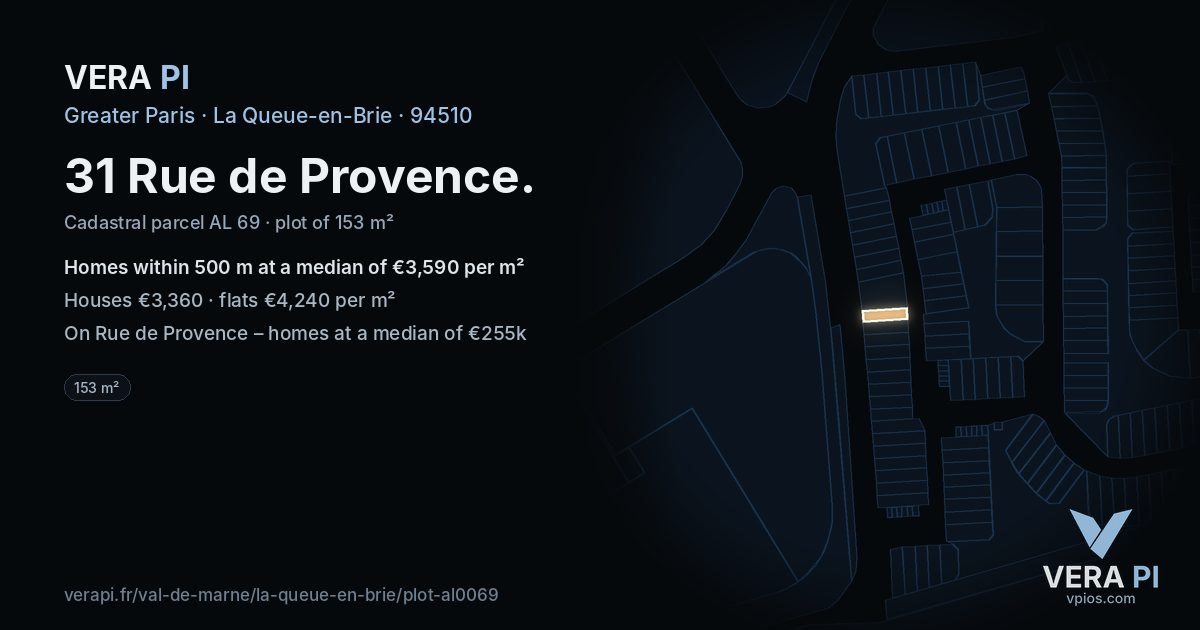 31 Rue de Provence, La Queue-en-Brie at night – the plot lit, the parcels around coloured by the prices near them