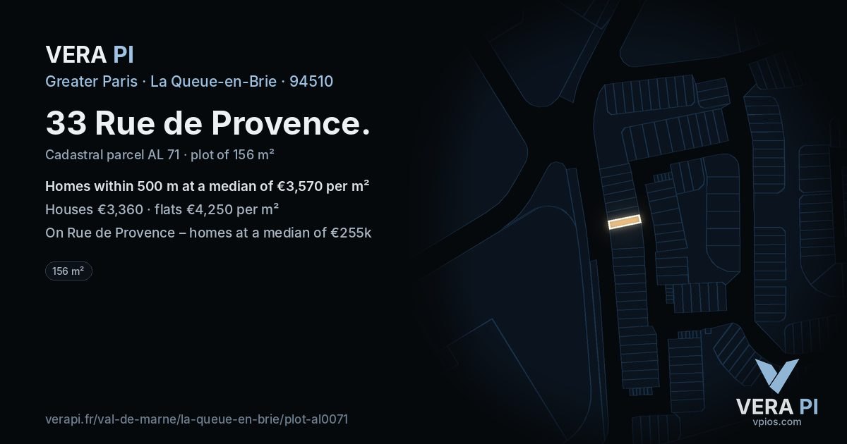 33 Rue de Provence, La Queue-en-Brie at night – the plot lit, the parcels around coloured by the prices near them