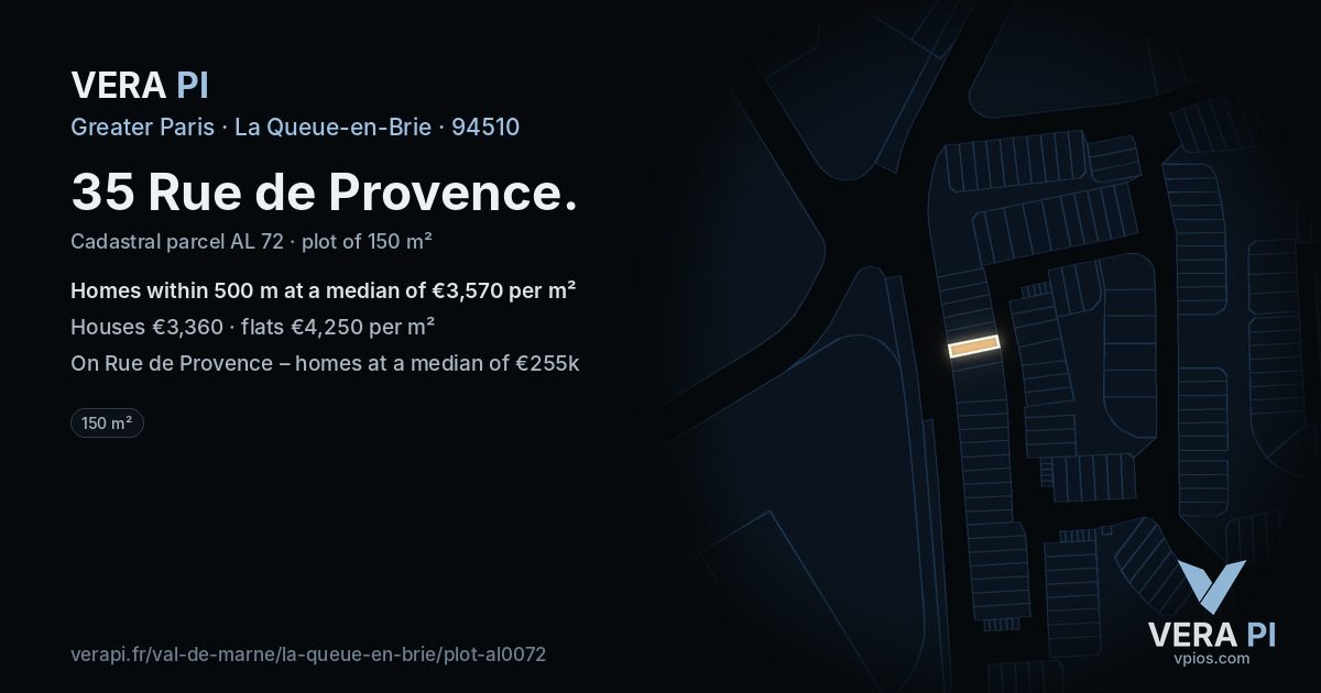 35 Rue de Provence, La Queue-en-Brie at night – the plot lit, the parcels around coloured by the prices near them