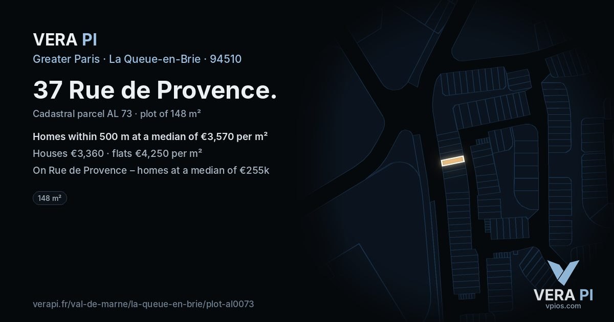 37 Rue de Provence, La Queue-en-Brie at night – the plot lit, the parcels around coloured by the prices near them