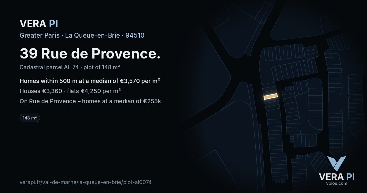 39 Rue de Provence, La Queue-en-Brie at night – the plot lit, the parcels around coloured by the prices near them