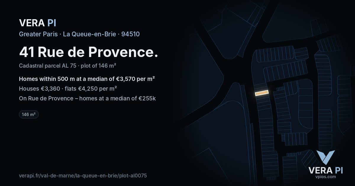 41 Rue de Provence, La Queue-en-Brie at night – the plot lit, the parcels around coloured by the prices near them