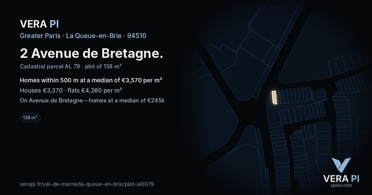 2 Avenue de Bretagne, La Queue-en-Brie at night – the plot lit, the parcels around coloured by the prices near them