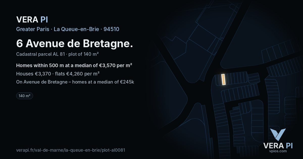 6 Avenue de Bretagne, La Queue-en-Brie at night – the plot lit, the parcels around coloured by the prices near them