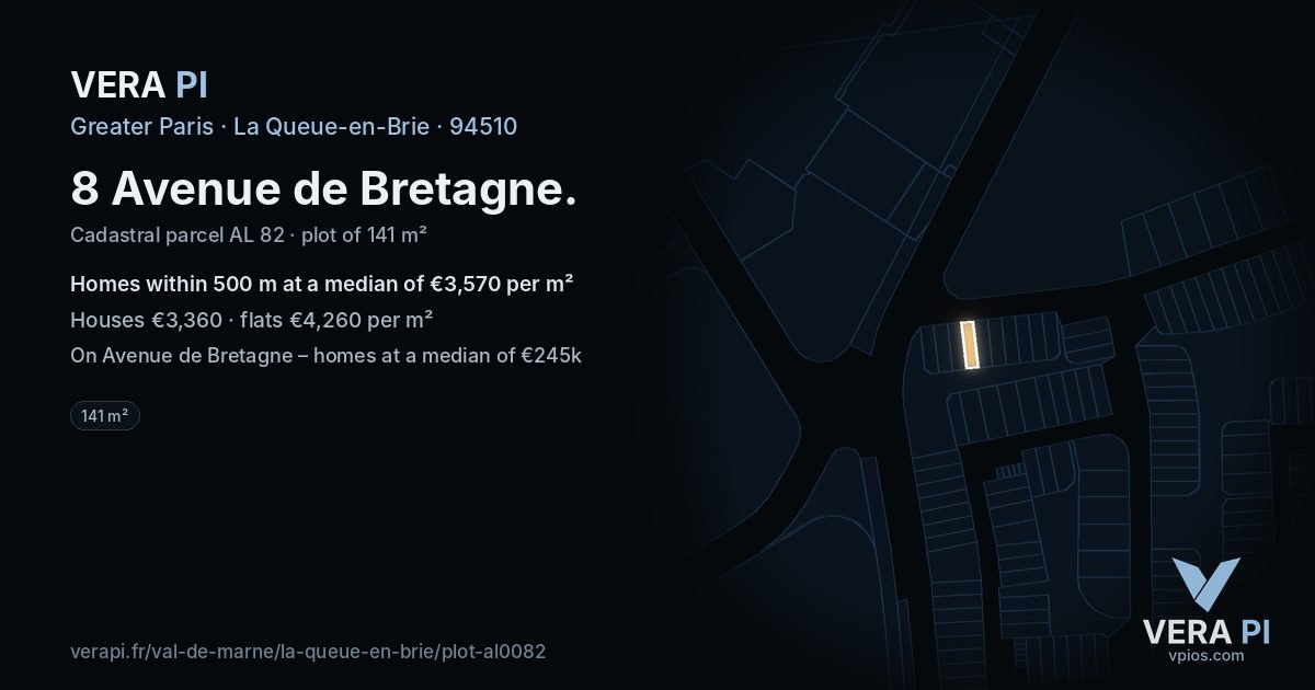 8 Avenue de Bretagne, La Queue-en-Brie at night – the plot lit, the parcels around coloured by the prices near them